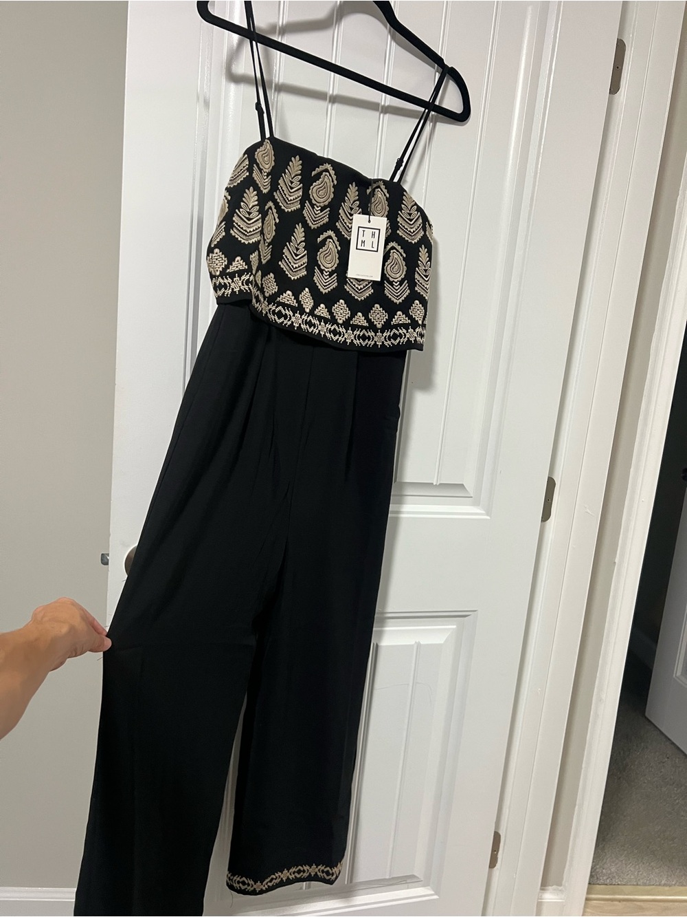 NWT THML Black Strapless Jumpsuit with Cream Embroidered Bodice